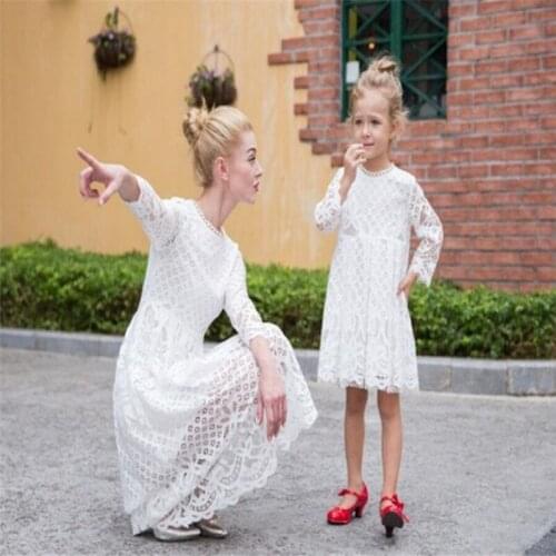 Mother Daughter Dresses Lace White Princess Tutu Wedding Dress Evening Party Clothing Spring Mom and Daughter Clothes Outfits