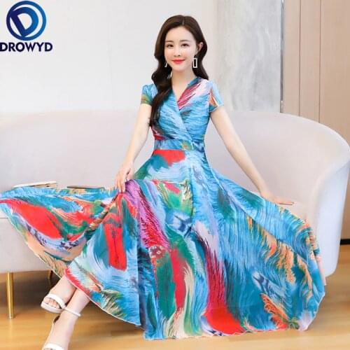 Fashion Boho Slim Chiffon Red Printed Dress Women Summer Elegant Big Swing Dress Retro Floral Beach Holiday Party Dress Vestidos