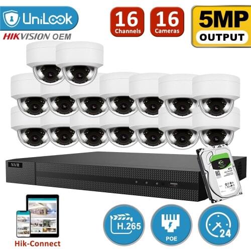 UniLook 16CH NVR 16Pcs 5MP POE IP Cameras NVR kit Outdoor Security system 2.8mm Lens Audio Motion Detection IR H.265 Onvif P2P