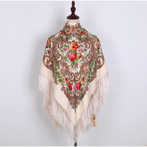 Russian Scarf Ukrainian Fringed Shawls Traditional Floral Polish Women Neck Head Wrap Vintage Antique Head Hijab Scarf Poncho