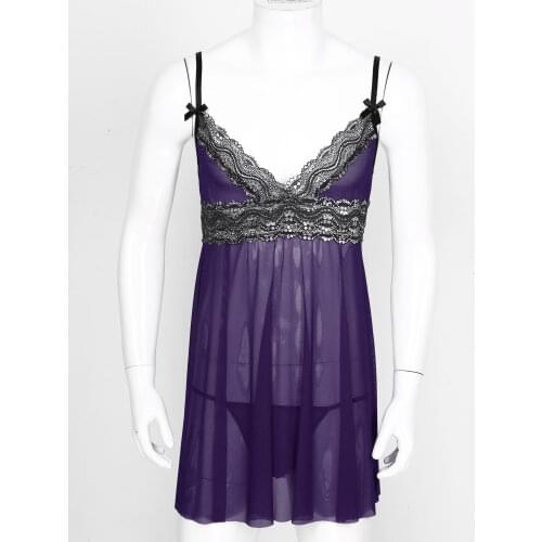 Sissy Sleepwear Mens Nightdress Sexy Lace Dress With Thong Male Underwear Mini Dress for Man Gay Underwear Home Nightwear 2020