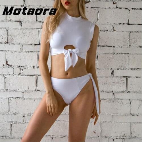 Sexy Solid Split Bikini Thong Swimsuit Thread Cloth Swimwear Women Mid Waist Bandage Biquini Female High Cut Bather Bathing Suit