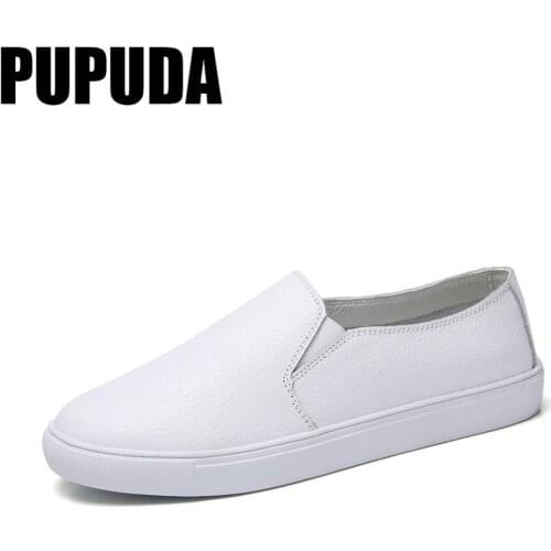PUPUDA Women Shoes Comfortable Leather Shoes Slip On Loafers Women Casual Shoes Summer White Flat Shoes