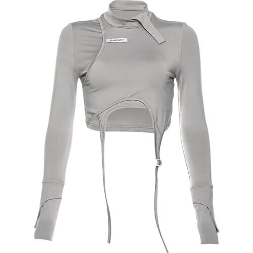 Women Personality Cool High Neck Crop Tops, Two In One Long Sleeve Solid Color Short Shirts