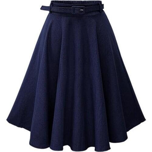 Casual High Waist Jeans Blue Skirt For Summer Slim A-line Loose Cotton Skirt Women Knee-length Pleated Skirt For Women With Belt