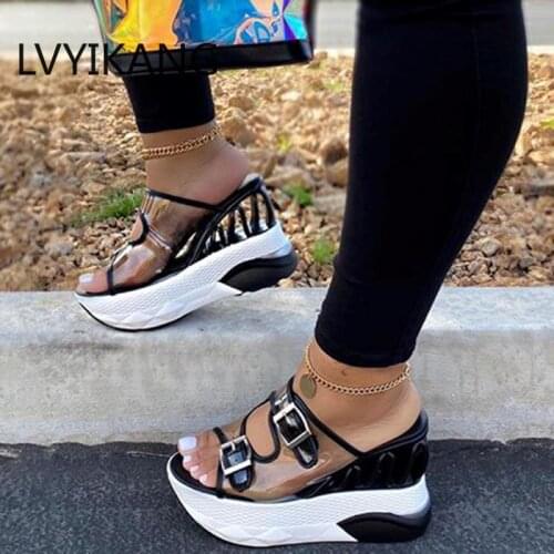 Wedge Female Belt Buckle Women Sandals Transparent Super High Heel Large Size Shoes Woman with Platform Waterprooof