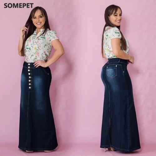 Skirts womens 2020 korean style skirt Womens Casual Front Button Washed Denim A-Line Skirts Long Jean Skirt casual skirt