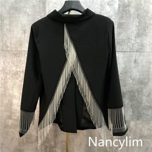 Spring Ins Fashion Blazer Lady 2020 New Metal Tassel Chain Design Back Open Fork Suit Jacket Womens High Street Coats