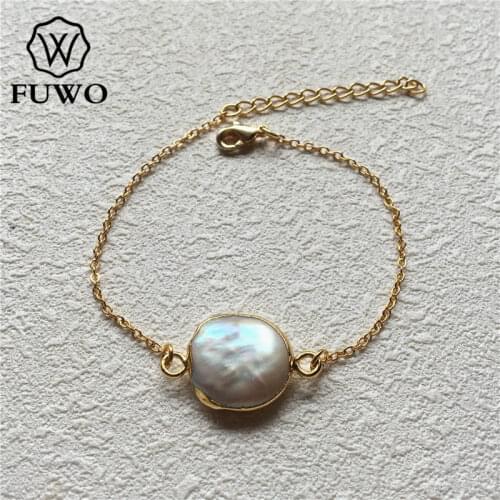FUWO Exclusively Designed 24K Gold Filled Oblate Pearl Bracelet Female Elegant Freshwater Pearl Jewelry Christmas Gift BR504