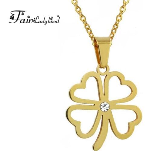 Fairladyhood Lucky Four Leaf Clovers Pendant Necklace For Woman Gold Color Flower Necklace Austrian Necklace