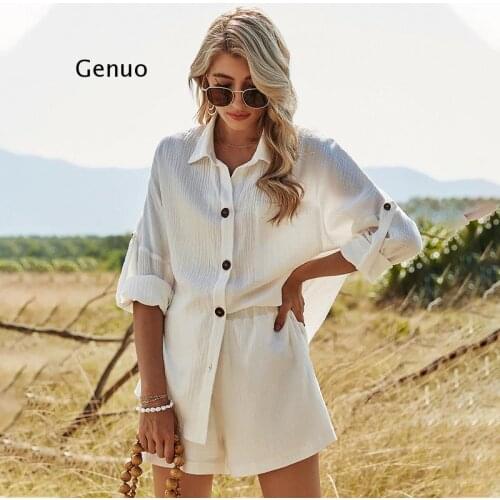 Womens casual suit Two Piece Outfits female 2021 trend spring new long-sleeved white shirt top cotton linen shorts Matching Set