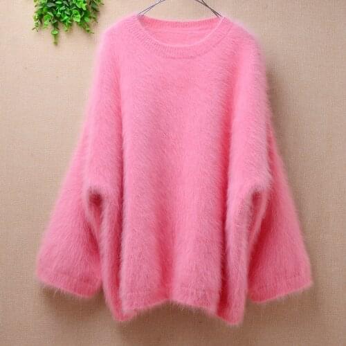 Elegant sweet pink ladies women mink cashmere long flare sleeves loose pullover angora rabbit fur winter outwear jumper sweater