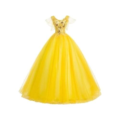 100%real yellow flare sleeve cosplay ball gown medieval dress Renaissance gown queen Victorian Belle Ball gown