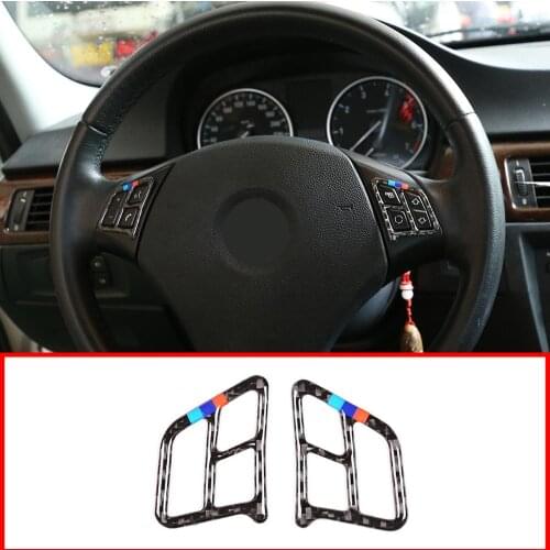 2pcs Soft Carbon Fiber Car Steering Wheel Button Frame Stickers Trim For BMW E90 3 Series 2005-2012