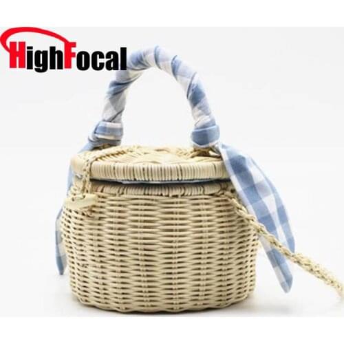 2019 round straw bags square round mulit style straw bag Lattice Silk Scarf Portable Straw Bag Cylinder Small Jar Beach Bag