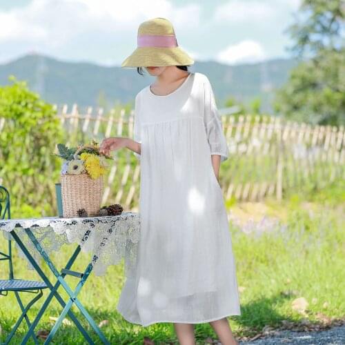 2020 Xiaxin literature and art 100 piece cotton and hemp lantern sleeves fine wrinkled ramie urban leisure double decker dress