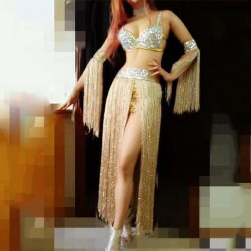 Jazz Dance Costume Singer Long Golden Tassels Rhinestone For Lady Stage DS Club Bar Dj Dancer Party Evening Sexy Wear DJ245