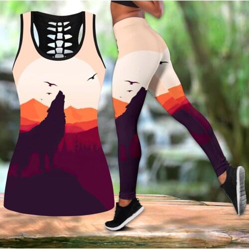 Girl loves wolf 3D All Over Printed Hollow Tank Top & Leggings Set Fitness Female Full Length Leggings Running Pants DDK50