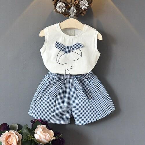 2020 Summer Girls' Clothing Sets Cute Bow Korean Sleeveless T-shirt + Plaid Shorts 2PCS Suit Kids Clothes Set Children Clothing