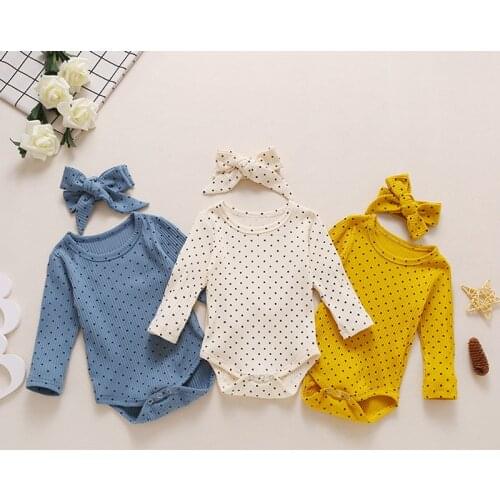 Lioraitiin 0-24M Toddler Romper Fall Top Headband 2Pcs Long Sleeve Crotch Buttons Home Polka Dot Printed Bodysuit
