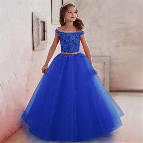 Little Flower Girl Dresses for Weddings Banquet Dress Girl Beaded Birthday First Communion Dresses Petals Long Sleeves Ball Gown