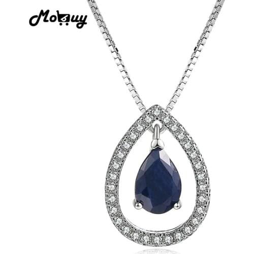MoBuy MBNI059 Luxury Natural Gemstone Teardrop Sapphire Necklace & Pendant 925 Sterling Silver Box Chain Fine Jewelry For Women