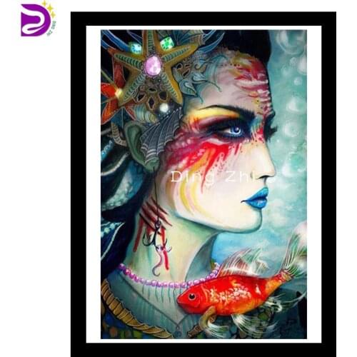 Full Drill 5D Diy Diamond Painting Abstract Woman And Fish Art Kit Embroidery Square Round Diamond Mosaic Sale Portrait Mural
