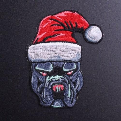 Bulldog With Christmas Hat Embroidered Patches For Clothing Punk Patch Stripe For Jackt Ion On Patches Skull Patches For Clothes