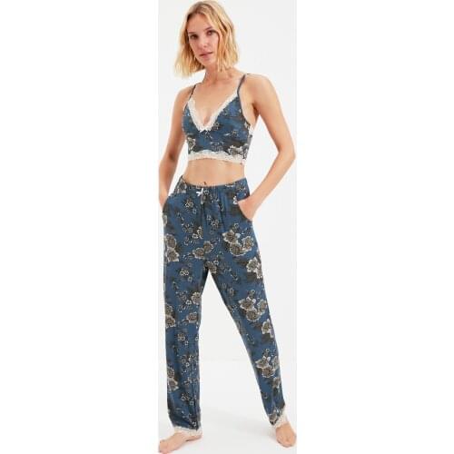 Multicolored Knitted Viscose Floral Pajamas Set Bralet Top and Long Length Bottom Womens Summer/Spring Homewear