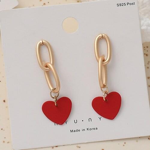 Romantic Love Heart Pendant Long Tassel Thick Chain Earrings Red Peach Heart Drop Earrings For Women Girls Party Gift Wholesale