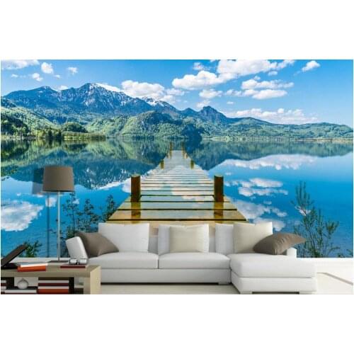 Customize Background wall wallpaper roll sizeLake water single wooden bridge wallpaper of the door landscape wall paper