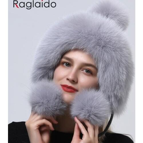 Women Winter Hats Pompom Earflap Ball Bomber Russian Woman Ushanka Pink Fluffy Trapper Natural Fox Fur Knit Warm Young Girl Hat