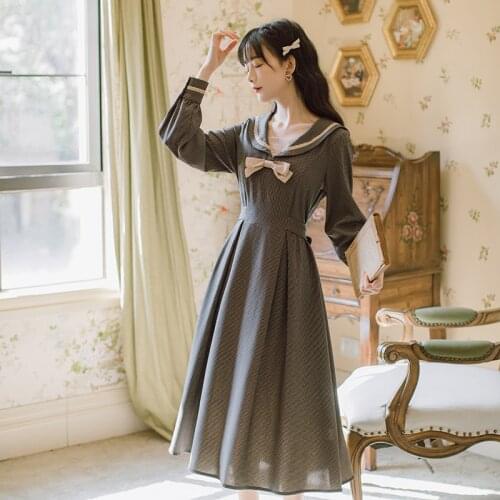 SWEETXUE Long Sleeve Bowknot Mid-length Dress Fashion Cute Chic Kawaii Preppy Style Lolita Fairy Dress Women