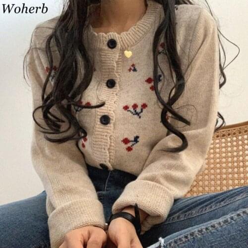 Woherb Women Sweet Cardigan 2020 Floral Print Korean Chic Knitted Sweater Coat Gilrs Cute Knit Jacket Streetwear Autumn Modis