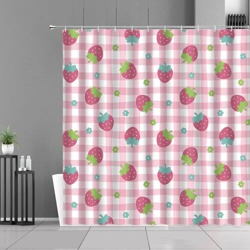 Cartoon Girl Bathroom Shower Curtain Pink Strawberry Plaid Summer Fresh Fruit Print Child Room Decor Waterproof Hooks Curtains