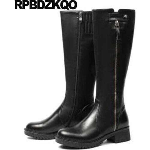 Genuine Leather High Heel Custom Shoes Black Riding Equestrian Luxury Chunky Women Block Knee Side Zip Boots 2021 Long Round Toe