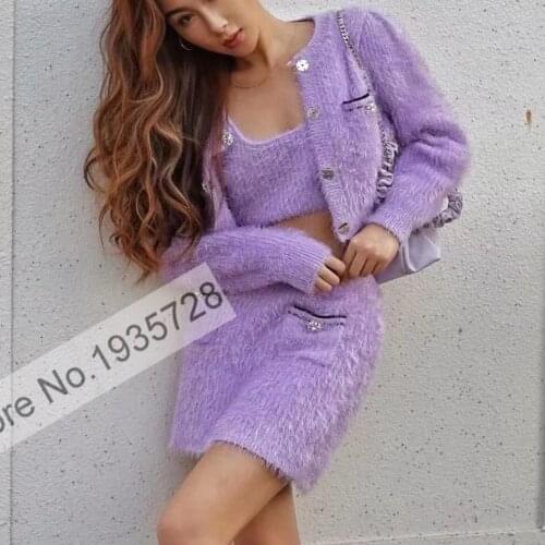 Ladies Mohair Blend Beading Buttoned Cardigan Sweater Top - Wome Elastic Waist Short Mini Skrit - Female Vest Top - 3pc Sets