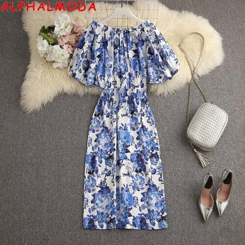 ALPHALMODA 2021 New Arrival Latern Sleeve Back Binding Bowknot Women Sweet Floral Dress Back Split Ladies Pullovers Loose Dress