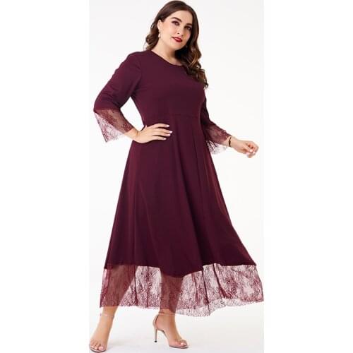 Nice New Summer Dress Women Plus Size Wine Red Floral Lace Patchwork Vintage O-neck Long Sleeve Midi Dresses Elegant Party Robes