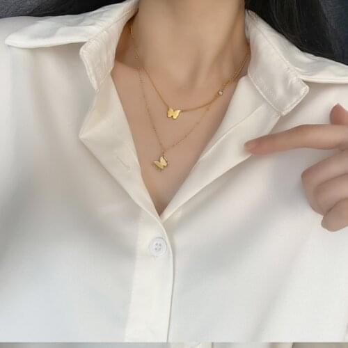 316L Stainless Steel 2021 New Fashion Upscale Jewelry 2 Layer Matte Butterfly Charms Chain Choker Necklaces Pendants For Women