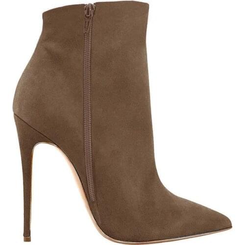 Skeepskin Leather Pointy toed Side Zipper Thin High Heel Ankle Boots Women Short Spring Fall Boot Plus Size 45