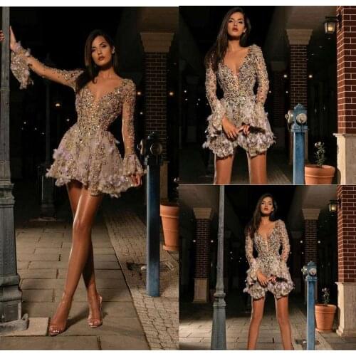 Long Sleeve 2020 Cocktail Dresses Sexy Short Deep V Neck Flowers Beads Prom Dress See Through Crystal Mini Evening Gowns