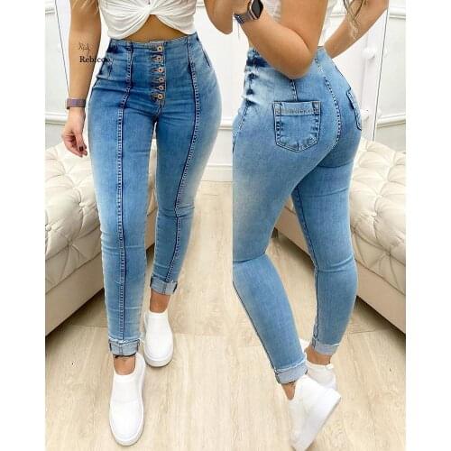 Women Fashion Denim Button Pocket Design Skinny Jeans Streetwear High Waist Pencil Jeans Stretchable Female Jeans women