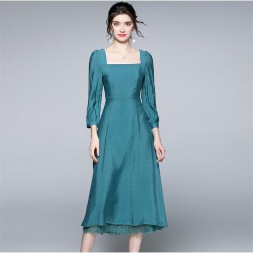 French Style Puff Sleeve Elegant Dress Women High Quality Fashion Office Dress Ladies Lace Hem Solid Brieft Dresses Vestidos