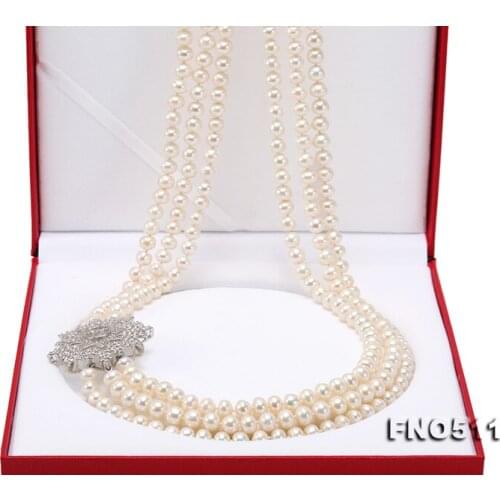 Elegant Ladies Necklace 3rows White Natural Freshwater Pearl Long Necklace White Rhinestone Flower Jewelry Loving Gift