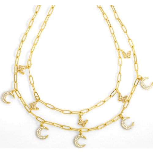 FLOLA CZ Pave Butterfly Necklace For Women Gold Vermeil Curb Chain Moon Charms Necklace Collar Wholesale Jewelery Gifts nket75