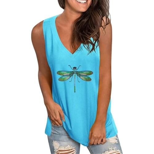 Graphic T-Shirt Casual Dew Shoulder T Shirt Female Sleeveless Tees Dragonfly Printed Women Tee Shirt V-Neck Summer Ladies Tops