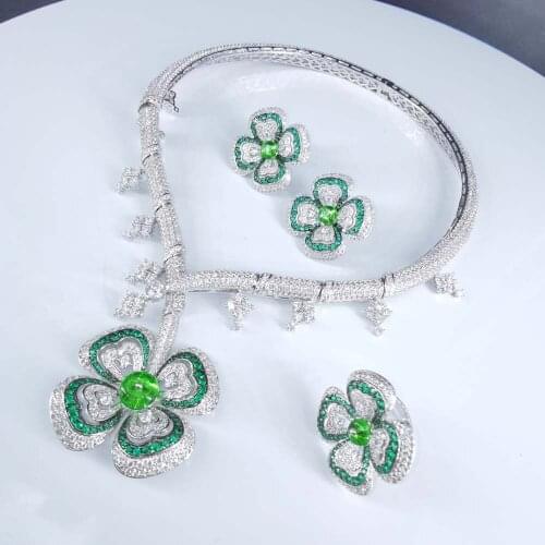 NEW FASHION luxury romantic green flower necklace earring ring set wedding bride banquet formal dress jewelry set free shipping
