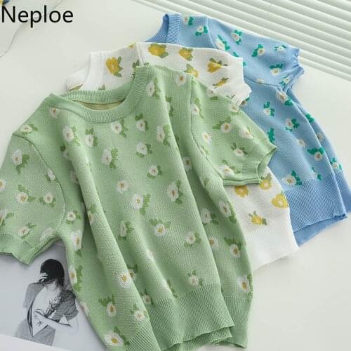 Neploe Korean Shirt Cropped Sweet Knitted T Shirt Women O Neck Short Sleeve Casual Tees Summer Fashion Floral Loose Tops Femme