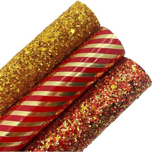 Red and Gold Chunky Glitter Leather Fabric Gold Stripes Printed Synthetic Leather Vinyl Sheets For BOWS DIY 21X29CM G553